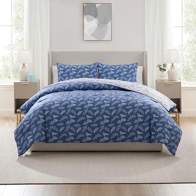 Classic Nestl King Size Comforter Set – Slate Blue Bed in a Bag King Size 3 Pieces Reversible Bed Set Soft Floral Bedding Set All Season Botanical Comforters with Pillow Shams Professional