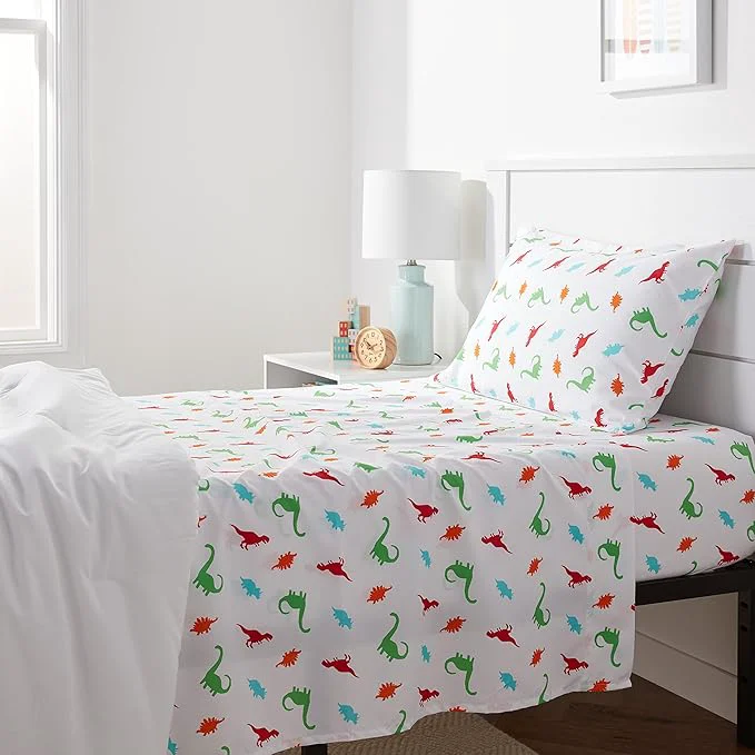 Casual Amazon Basics Kid 39 s Soft Easy-Wash Lightweight Microfiber 3-Piece Sheet Set Twin Multi-Color Dinosaurs Animal Print Unique