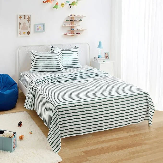 Original Amazon Basics Microfiber Kids 39 Sheet Set with Pillowcase 4-Piece Full Green Stripes Elegant