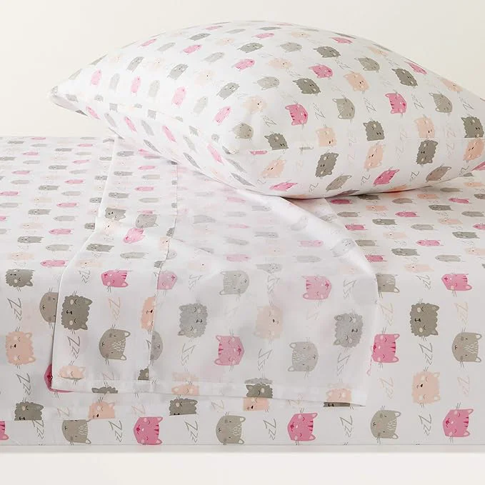 Stylish Amazon Basics Kid 39 s Soft Breathable Easy-Wash Microfiber 3-Piece Sheet Set with Pillowcase Twin Peony Pink Kitties Animal Print Classic