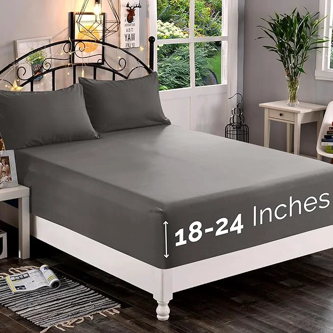 Casual Elegant Comfort 1500 Premium Quality Fitted Sheet Ultra Soft 18-24 Inch Extra Deep Pocket – Single Fitted Sheet for High Mattress – Wrinkle with Smart Storage Pockets Full Gray Contemporary