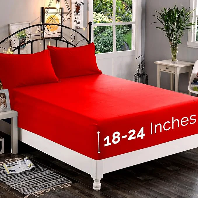 Expertly Made Elegant Comfort 1500 Premium Quality Fitted Sheet Ultra Soft 18-24 Inch Extra Deep Pocket – Single Fitted Sheet for High Mattress – Wrinkle with Smart Storage Pockets Twin Twin XL Red Verified