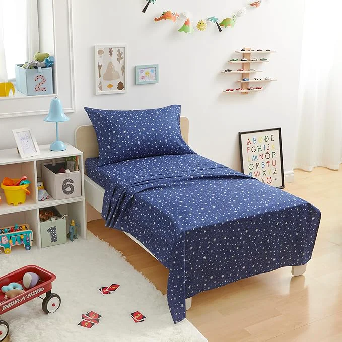 Authentic Amazon Basics Kid 39 s Soft Easy-Wash Lightweight Microfiber 3-Piece Sheet Set Toddler Navy Galaxy Stylish