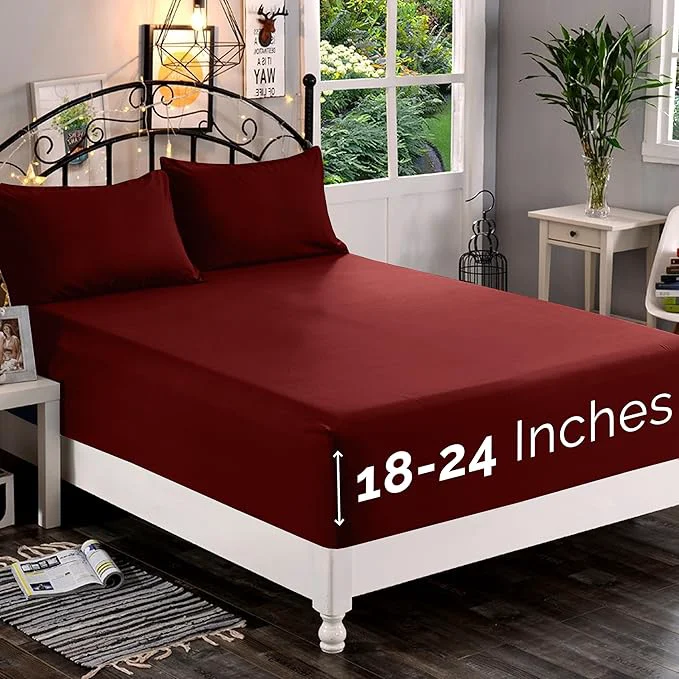 Smooth Elegant Comfort 1500 Premium Quality Fitted Sheet Ultra Soft 18-24 Inch Extra Deep Pocket – Single Fitted Sheet for High Mattress – Wrinkle with Smart Storage Pockets Full Burgundy Proven