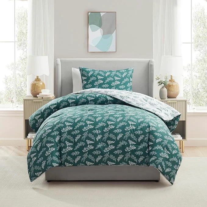 Fine Nestl Twin Twin XL Comforter Set – Green Bed in a Bag Twin 2 Pieces Reversible Bed Set Soft Floral Bedding Set for College Dorm All Season Botanical Comforters with Pillow Sham Enhanced