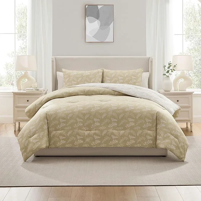 Stylish Nestl King Size Comforter Set – Oatmeal Bed in a Bag King Size 3 Pieces Reversible Bed Set Soft Floral Bedding Set All Season Botanical Comforters with Pillow Shams Flexible