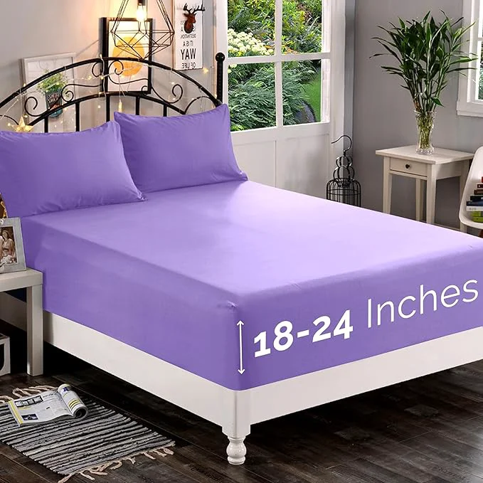 Innovative Elegant Comfort 1500 Premium Quality Fitted Sheet Ultra Soft 18-24 Inch Extra Deep Pocket – Single Fitted Sheet for High Mattress – Wrinkle with Smart Storage Pockets Full Lavender Practical