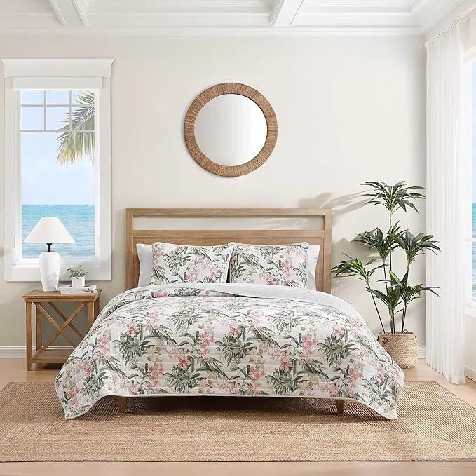 Fine Tommy Bahama – King Quilt Set Reversible Cotton Coastal Bedding with Matching Shams Colorful Botanical Bedding Set Island Orchid Pink Cream Verified