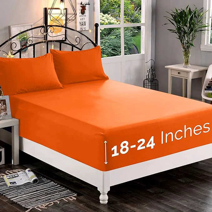 Selected Elegant Comfort 1500 Premium Quality Fitted Sheet Ultra Soft 18-24 Inch Extra Deep Pocket – Single Fitted Sheet for High Mattress – Wrinkle with Smart Storage Pockets Full Orange Fine