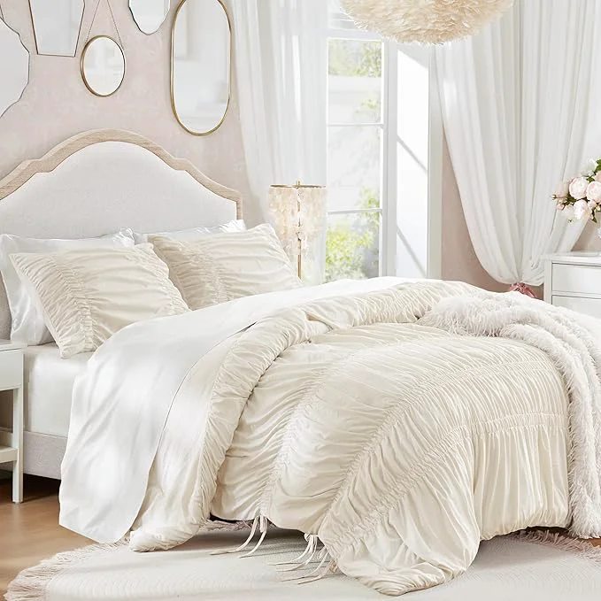 Enhanced Intelligent Design Ruched Shabby Chic Comforters for King Size Bed All Season Lightweight Comforter King French Country Bedding Set Sham Ella King Cal King Ivory 3 Piece Top-Quality