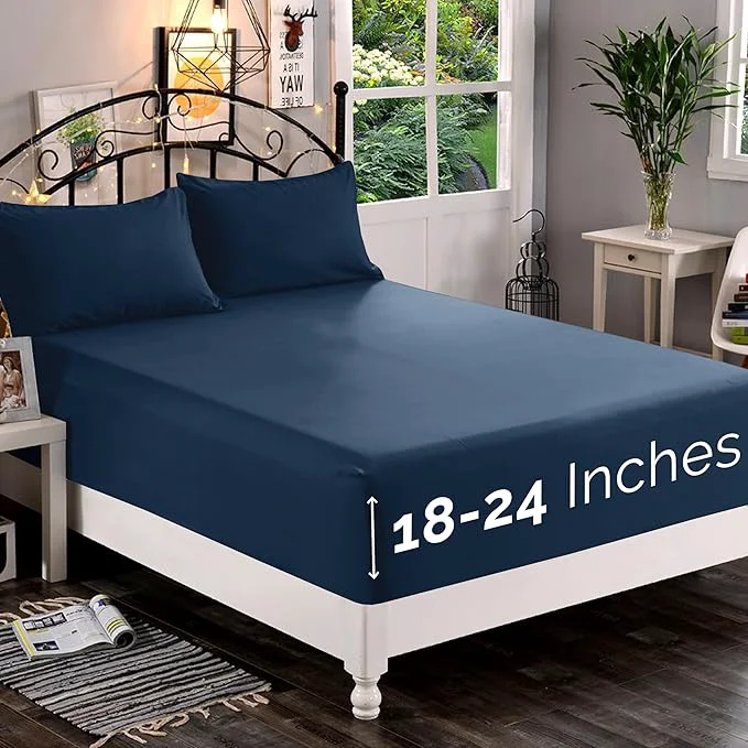 Advanced Elegant Comfort 1500 Premium Quality Fitted Sheet Ultra Soft 18-24 Inch Extra Deep Pocket – Single Fitted Sheet for High Mattress – Wrinkle with Smart Storage Pockets Full Navy Blue Selected