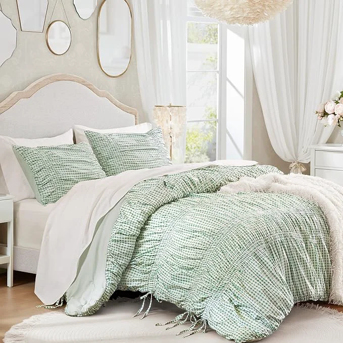 Genuine Intelligent Design Ella Queen Comforter Set – Ruched Gingham Shabby Chic Bedding Bow-Tie Detail All Season Lightweight 3 Piece Bedding Set Sham Full Queen Green Fine Crafted