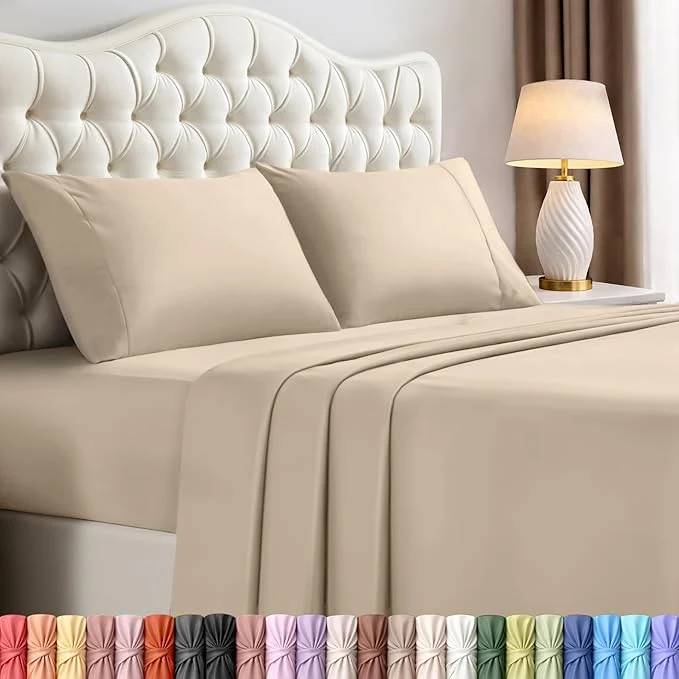 Casual Utopia Bedding Queen Size Sheet Set – 4 Piece Bed Sheets Soft and Breathable Microfiber Includes 1 Fitted Sheet 1 Flat Sheet and 2 Pillowcases – Oeko Tex Sand Trendy