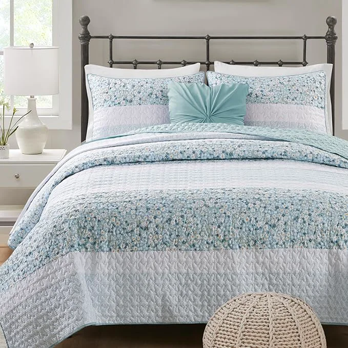 Breathable Madison Park Queen Quilt Set Seersucker Floral Coverlet All Season Lightweight Microfiber Bedding Quilt Set Vermicelli Quilting Design Throw Pillow Caralie Full Queen Aqua 4 Piece Relaxed