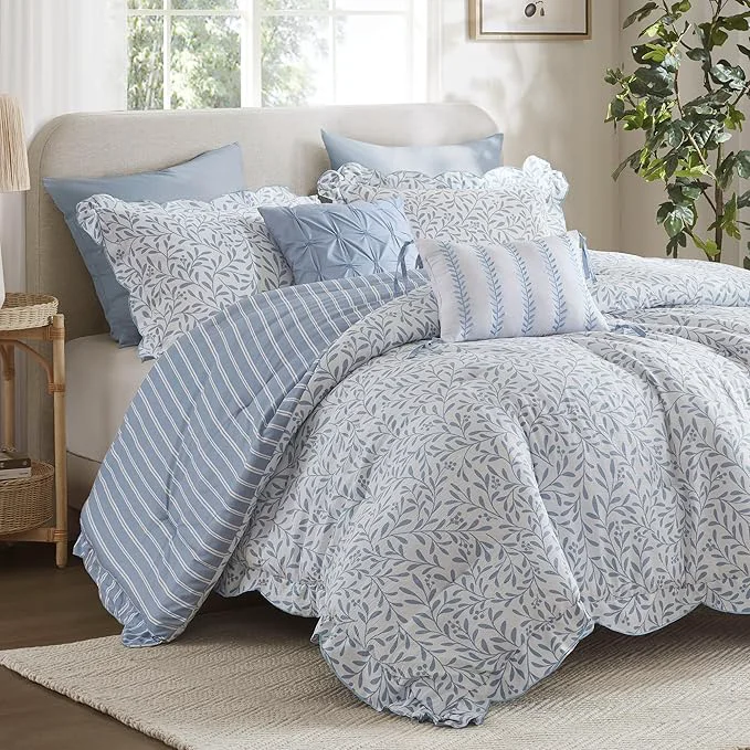 Fine Madison Park 5-Piece Reversible Botanical Comforter Set – Summer Floral Print with Scalloped Edges Lightweight Bedding with Decorative Pillows Queen Blue Reversible Lightweight Natural