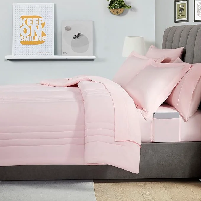 User-Friendly Queen Comforter Set Quilted Stripe Bedding Bundle – Comforter Mattress Protector Sheets with Pockets on the Side amp Built-in Corner Strap – Fitted Sheet Media Pocket for Devices Pale Pink Efficient