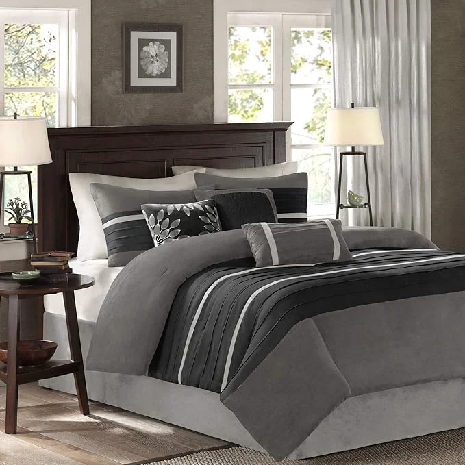 Certified Madison Park – Palmer 7 Piece Comforter Set – Black and Gray – California King – Pieced Microsuede – Includes 1 Comforter 3 Decorative Pillows 1 Bed Skirt 2 Shams Verified