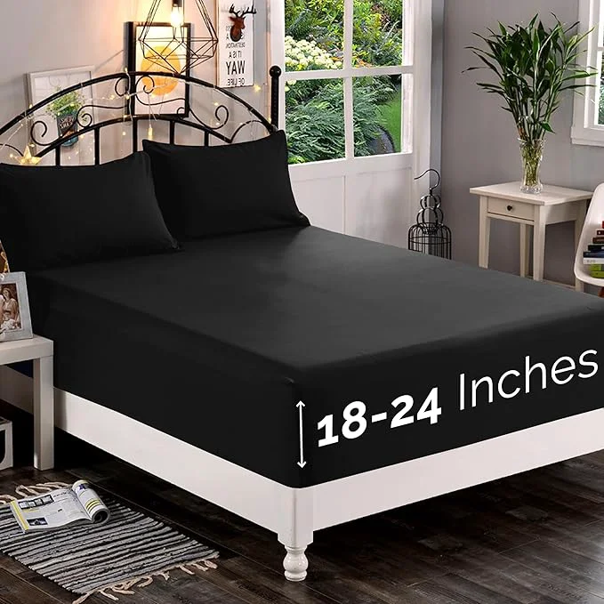 Convenient Elegant Comfort 1500 Premium Quality Fitted Sheet Ultra Soft 18-24 Inch Extra Deep Pocket – Single Fitted Sheet for High Mattress – Wrinkle with Smart Storage Pockets Full Black Long-Lasting