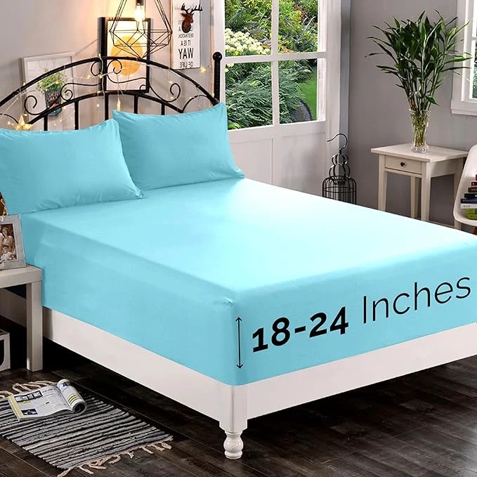 Official Elegant Comfort 1500 Premium Quality Fitted Sheet Ultra Soft 18-24 Inch Extra Deep Pocket – Single Fitted Sheet for High Mattress – Wrinkle with Smart Storage Pockets Twin Twin XL Aqua Blue Innovative