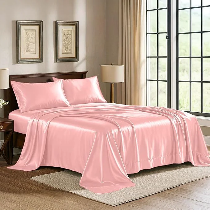 Safe Satin Sheets Twin 3-Piece Pink Hotel Luxury Silky Bed Sheets – Extra Soft 1800 Microfiber Sheet Set Wrinkle Fade Stain Resistant – Deep Pocket Fitted Sheet Flat Sheet Pillow Cases Effective