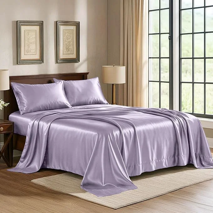 Exceptional Satin Sheets Queen 4-Piece Lavender Hotel Luxury Silky Bed Sheets – Extra Soft 1800 Microfiber Sheet Set Wrinkle Fade Stain Resistant – Deep Pocket Fitted Sheet Flat Sheet Pillow Cases Expertly Made
