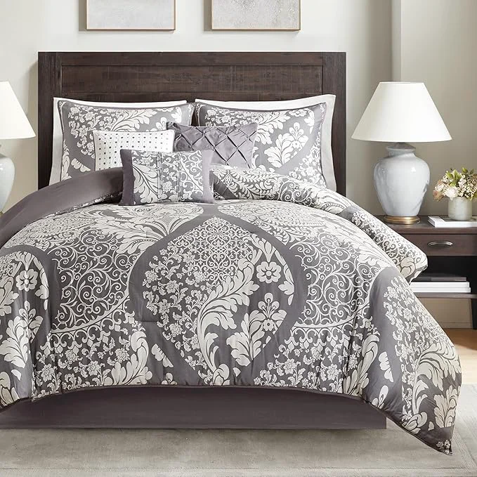 Safe Madison Park Vienna Sateen Cotton Comforter Set Breathable Soft Cover Trendy All Season Down Cozy Bedding with Matching Shams Queen Grey 7 Piece Smart