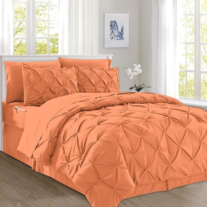 Carefully Designed Elegant Comfort 8-Piece Pinch Pleated Comforter Set – All Season Complete Bed in a Bag Includes 4pc Smart Sheet Set Bed Skirt Comforter Matching Pillowcases and Shams Twin Twin XL Coral Sophisticated