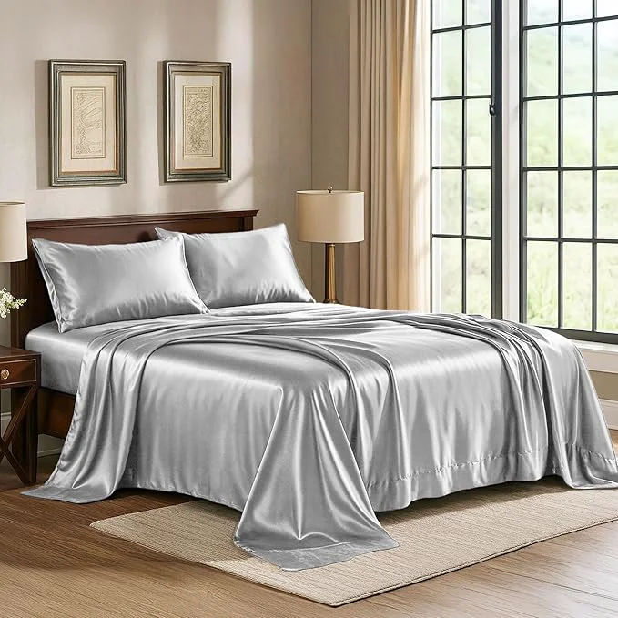 Original Satin Sheets California King 4-Piece Grey Luxury Silky Bed Sheets – Extra Soft 1800 Microfiber Sheet Set Wrinkle Fade Stain Resistant – Deep Pocket Fitted Sheet Flat Sheet Pillow Cases Refined
