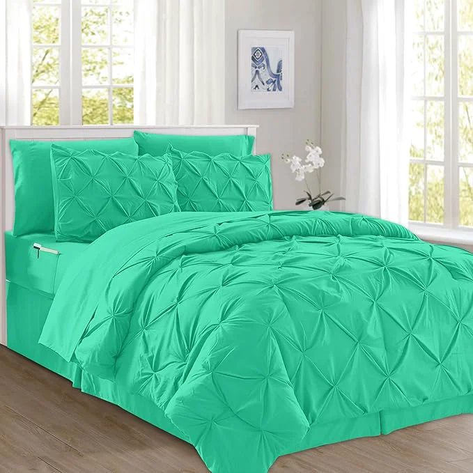 Optimized Elegant Comfort 8-Piece Pinch Pleated Comforter Set – All Season Complete Bed in a Bag Includes 4pc Smart Sheet Set Bed Skirt Comforter Matching Pillowcases and Shams King Cal King Paradise Teal
