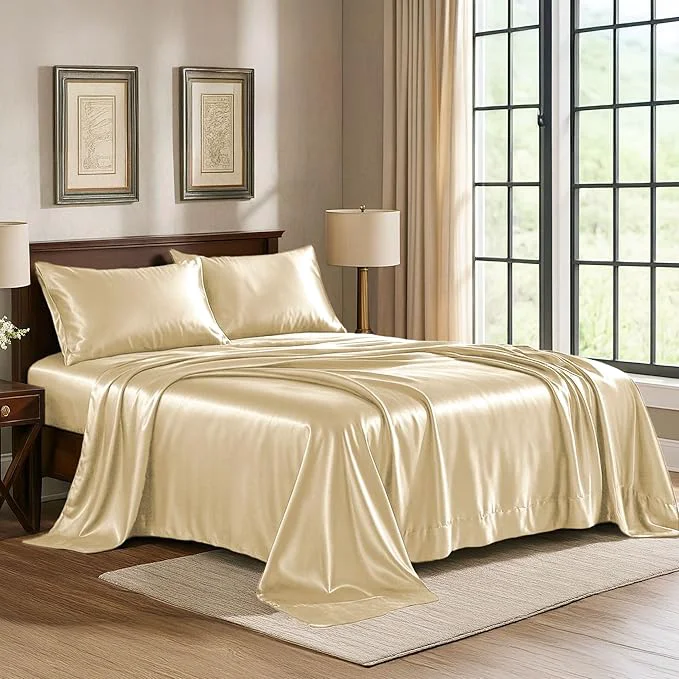 Green Satin Sheets Full 4-Piece Ivory Hotel Luxury Silky Bed Sheets – Extra Soft 1800 Microfiber Sheet Set Wrinkle Fade Stain Resistant – Deep Pocket Fitted Sheet Flat Sheet Pillow Cases Exceptional