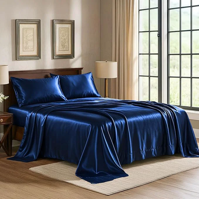 Artisan Pure Bedding Satin Sheets King 4-Piece Navy Hotel Luxury Silky Bed Sheets Extra Soft 1800 Microfiber Sheet Set Wrinkle Fade Stain Resistant – Deep Pocket Fitted Sheet Flat Sheet Pillow Cases Classic