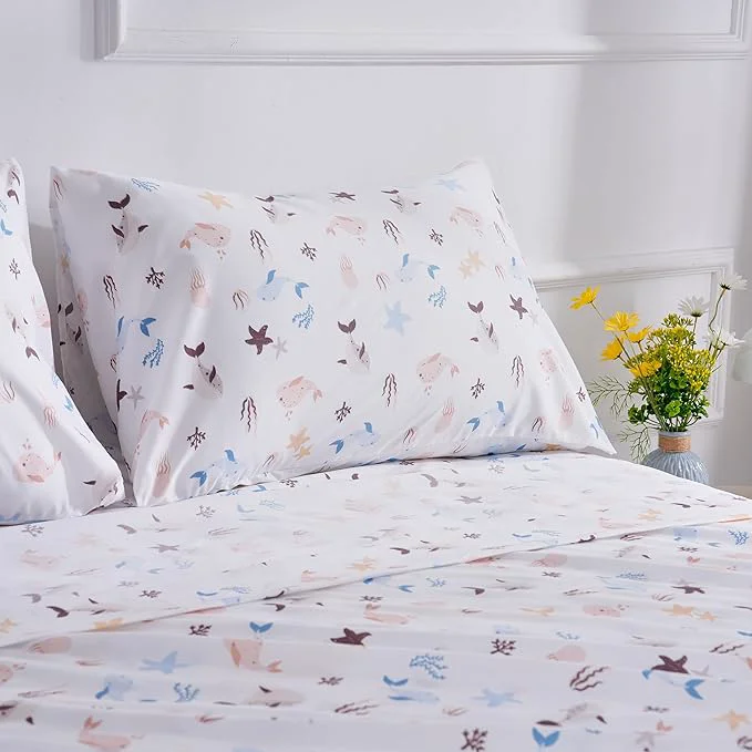Classic Sea Animal Queen Sheets Fish Whale Underwater World Cute Cozy Fun Queen Bed Sheet Set for Kids Girls Boys Children – Kids Bed Sheet Collection – Deep Pocket Wrinkle and Soft Bedding – 4PC Superior