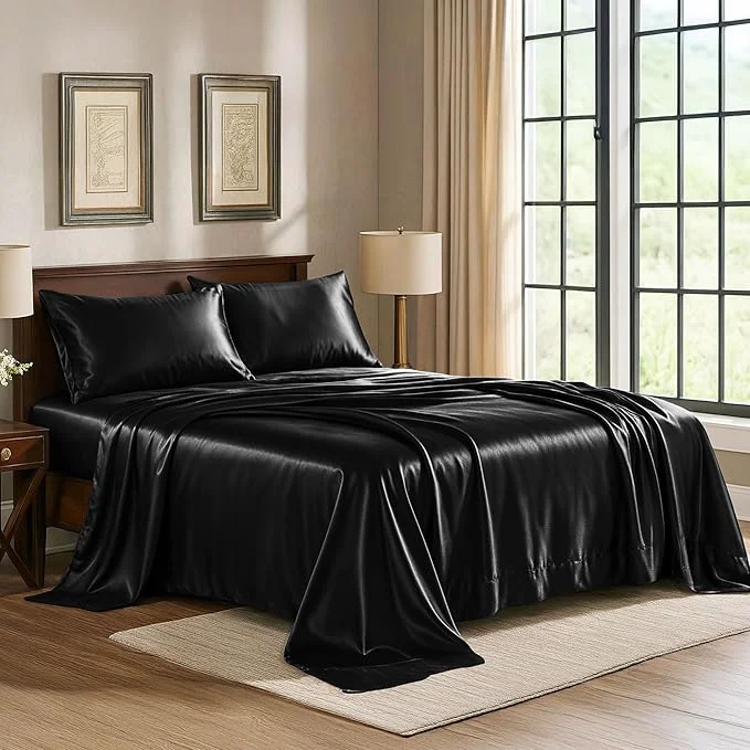 Top-Quality Pure Bedding Satin Sheets Queen 4-Piece Black Hotel Luxury Silky Bed Sheets – Extra Soft 1800 Microfiber Sheet Set Wrinkle Fade Deep Pocket Fitted Sheet Flat Sheet Pillow Cases World-Class