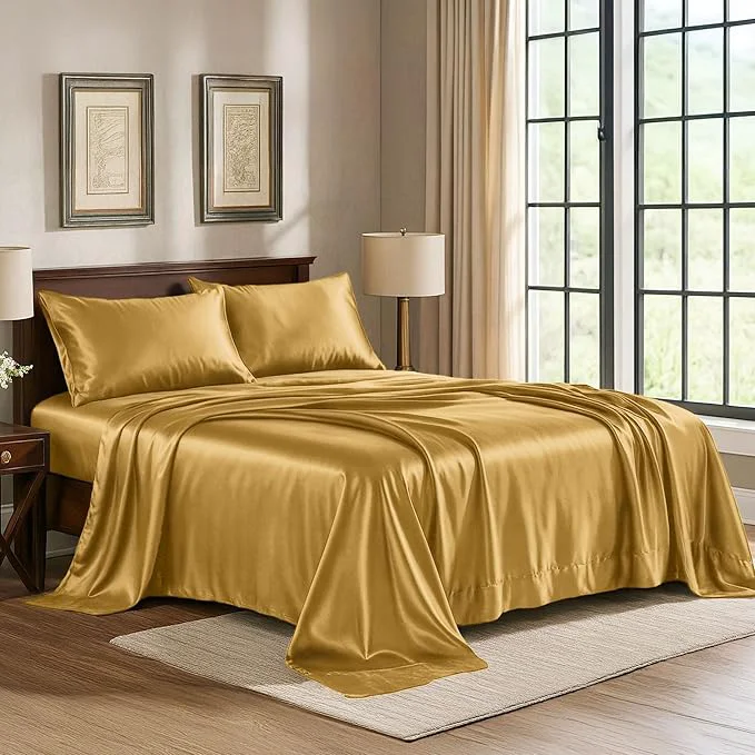 Original Design Satin Sheets Twin 3-Piece Gold Hotel Luxury Silky Bed Sheets – Extra Soft 1800 Microfiber Sheet Set Wrinkle Fade Stain Resistant – Deep Pocket Fitted Sheet Flat Sheet Pillow Cases Durable