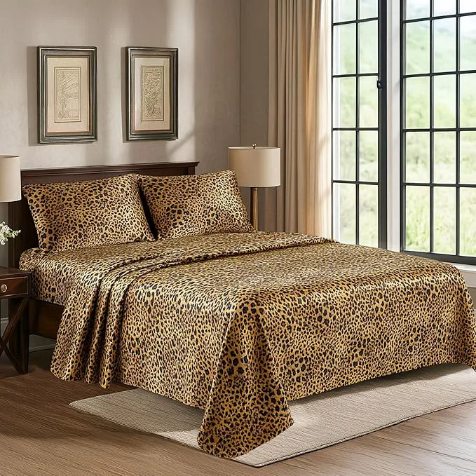 Detailed Satin Sheets Queen 4-Piece Gold Leopard Hotel Luxury Silky Bed Sheets – Extra Soft 1800 Microfiber Sheet Set Wrinkle Fade Stain Resistant – Deep Pocket Fitted Sheet Flat Sheet Pillow Cases Durable