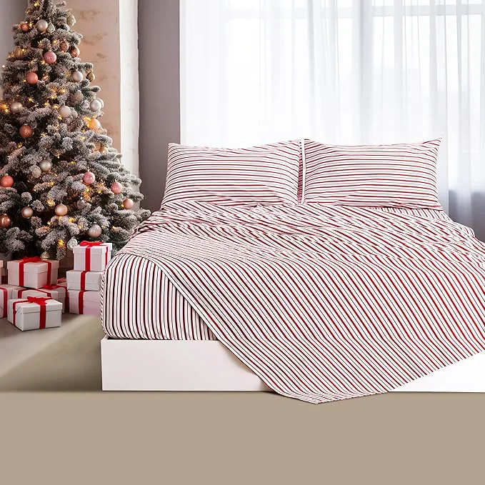 Eco-Friendly Burgundy Red Striped Sheets Set Queen Size 4 Piece – Super Soft Easy Care amp Breathable Red and White Pinstripe Bed Sheet Set with 16-Inch Deep Pockets Great Gift for Christmas amp Birthday High-Grade