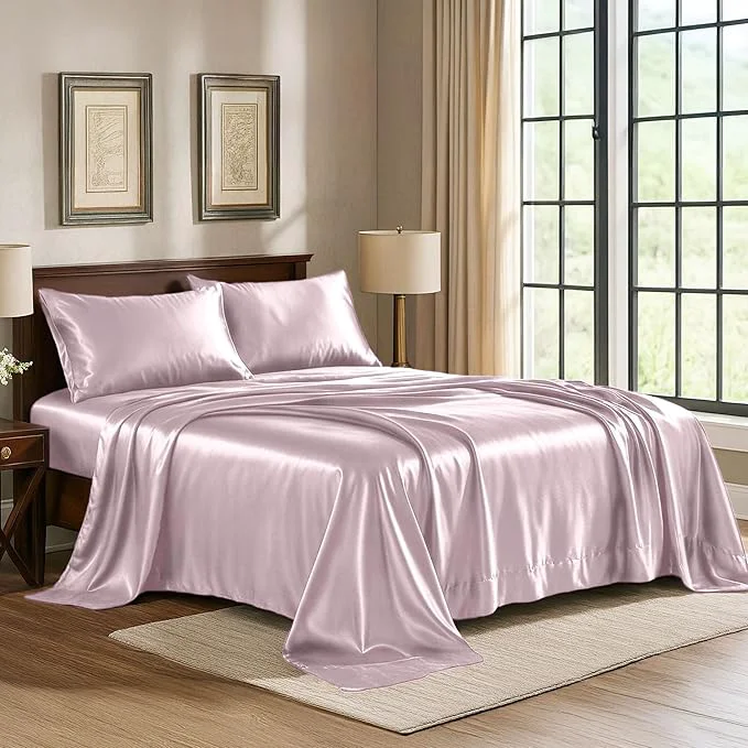Solid Pure Bedding Satin Sheets Twin 3-Piece Champagne Pink Hotel Luxury Silky Bed Sheets – Extra Soft 1800 Microfiber Sheet Set Wrinkle Fade Deep Pocket Fitted Sheet Flat Sheet Pillow Cases Fine