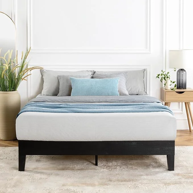 Exclusive Mellow Naturalista Grand 12 Inch Solid Wood Platform Bed with Wooden Slats Easy Assembly Queen Black Enhanced