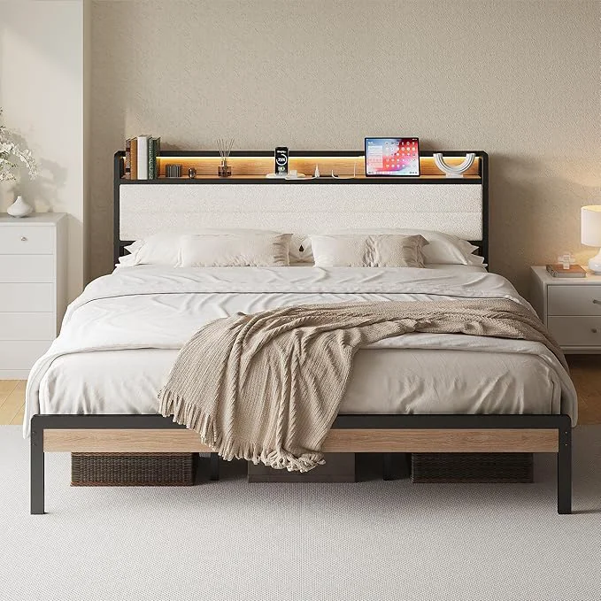Trusted LIKIMIO California King Bed Frame with Storage Headboard and LED Lights Metal Platform Bed with Charging Station Noise No Box Spring Needed Under Bed Storage Natural and Cream Refined
