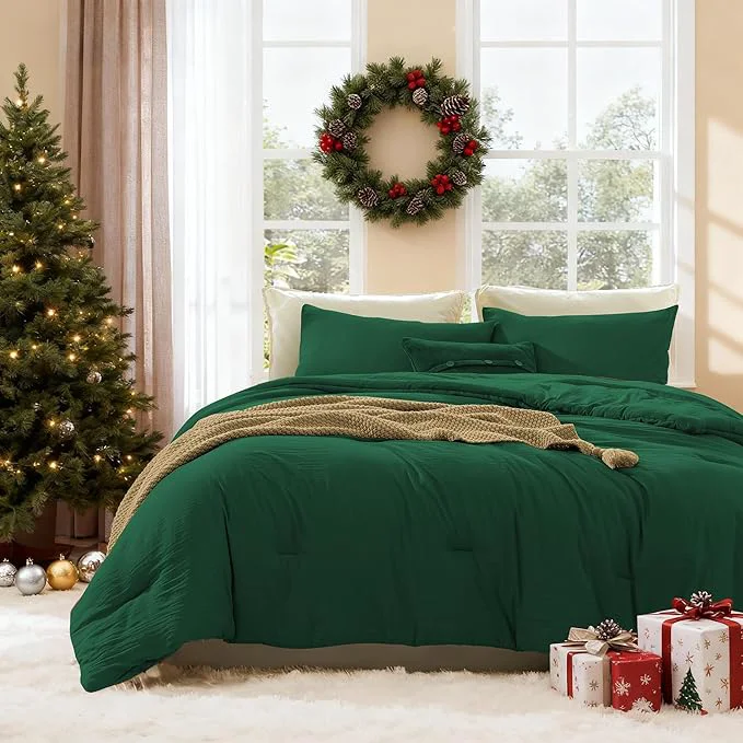 Organic WRENSONGE Queen Comforter Set – 3 Pieces Prewashed Emerald Green Comforter Soft Lightweight for All Seasons Down Comforters Queen Size with 2 Pillow Shams Modern