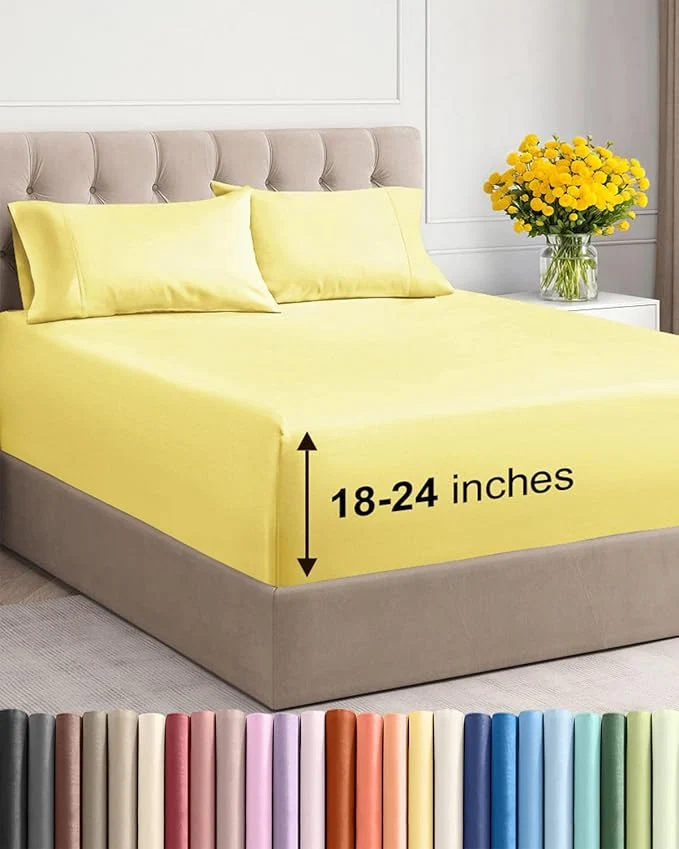 Modern Extra Deep Twin XL Sheet Set – 4 Piece Breathable and Cooling Sheets – Hotel Luxury Bedding for Women Men Kids amp Teens – Easy Secure Fit – Soft Wrinkle and Comfy – Extra Deep Pockets – Yellow Sophisticated