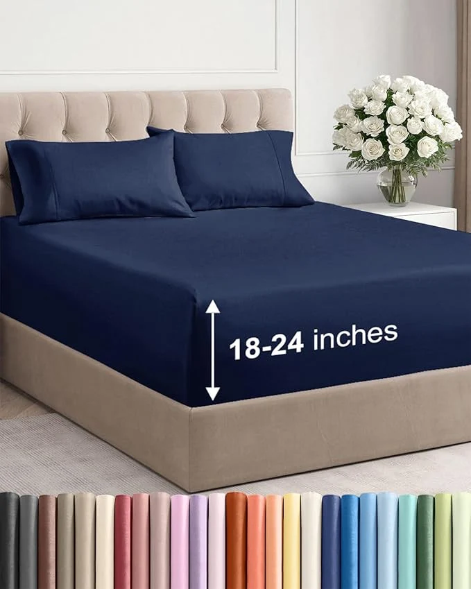 Premium Extra Deep Twin Sheet Set – 4 Piece Breathable and Cooling Sheets – Hotel Luxury Bedding for Women Men Kids amp Teens – Easy Secure Fit – Soft Wrinkle and Comfy – Extra Deep Pockets – Navy Blue High-Quality