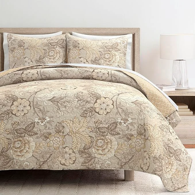 Enhanced Lush Decor Sydney Reversible Cotton Quilt Neutral 3 Piece Set Full Queen Neutral – Cotton Bedding Set – Beige Floral Quilt – Cottage Decor – Bedding Queen Size Premium Material
