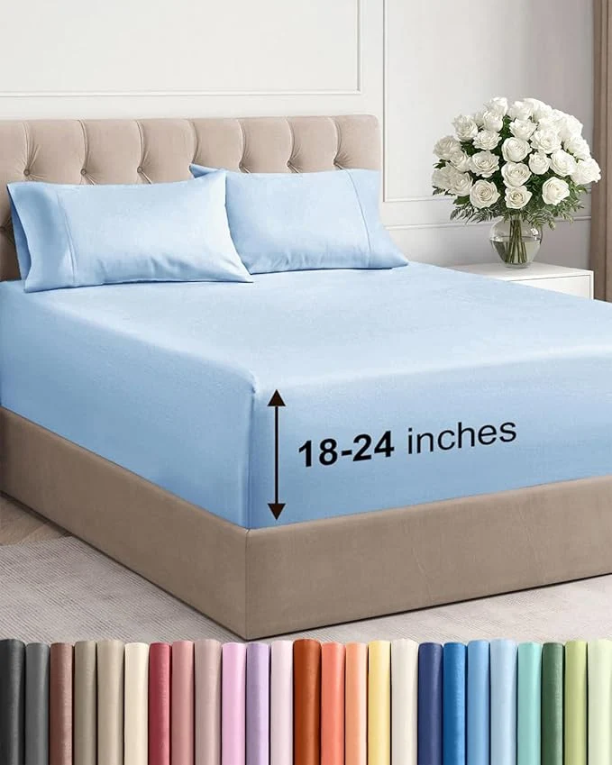 Green Extra Deep Twin XL Sheet Set – 4 Piece Breathable and Cooling Sheets – Hotel Luxury Bedding for Women Men Kids amp Teens – Easy amp Secure Fit – Soft and Wrinkle – Extra Deep Pockets – Light Blue Sustainable