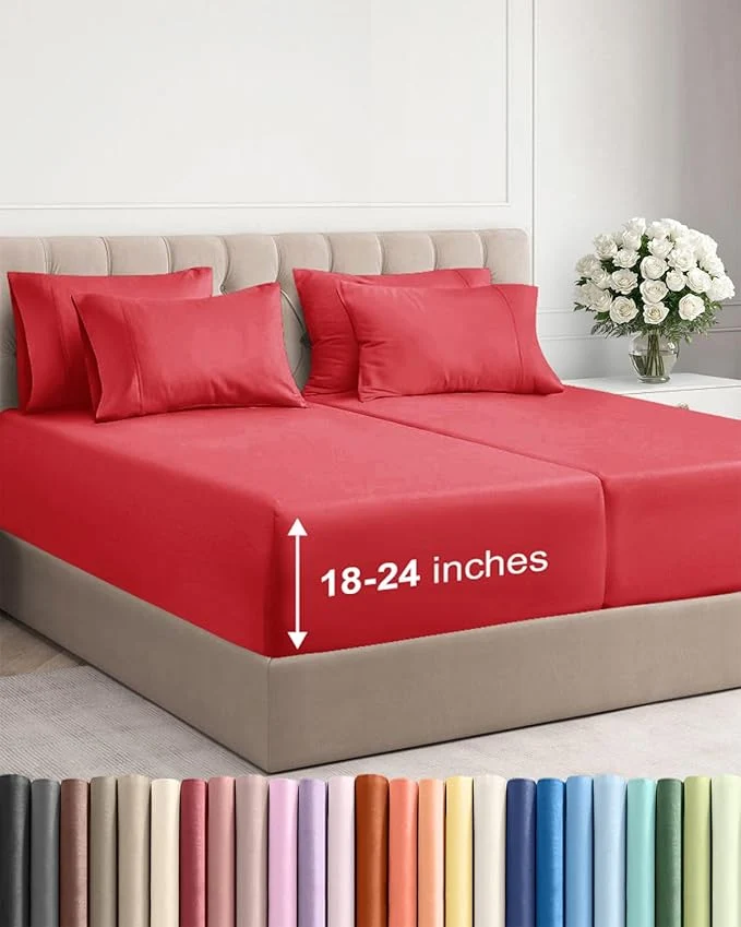 Proven Extra Deep Split King Sheet Set – 7 Piece Breathable and Cooling Sheets – Hotel Luxury Bedding for Women Men Kids amp Teens – Easy Secure Fit – Soft Wrinkle and Comfy – Extra Deep Pockets – Red High-Performance