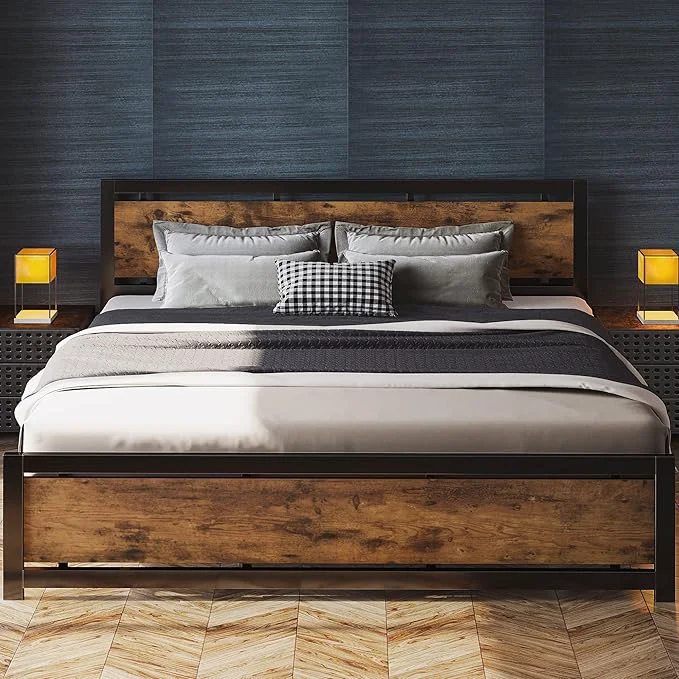 Detailed LIKIMIO King Bed Frame with Headboard and Footboard Metal Strong Supports Easy Assembly Noise- No Box Spring Needed Vintage Brown Classic