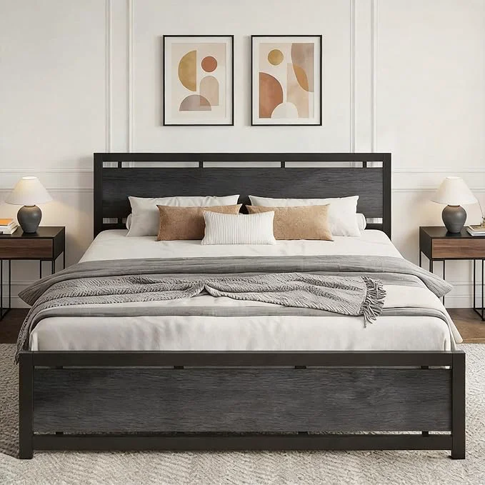 Top-Quality LIKIMIO California King Bed Frame with Headboard and Footboard Metal Strong Supports Easy Assembly Noise- No Box Spring Needed Charcoal Grey Organic