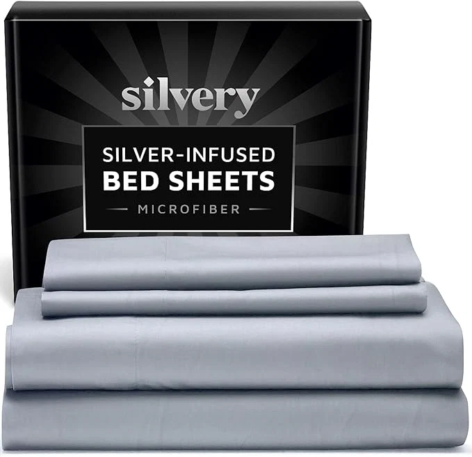 Sophisticated Silvery Silver Infused Bed Sheets Set – Ultra-Soft Temperature-Regulating Fabric with Self-Cleaning Technology™ That Stays Fresh 3X Longer for Hygienic Sleep Gray Queen Casual