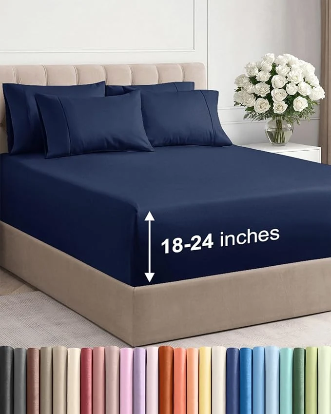 Fine Crafted Extra Deep Full Sheet Set – 6 Piece Breathable and Cooling Sheets – Hotel Luxury Bedding for Women Men Kids amp Teens – Easy Secure Fit – Soft Wrinkle and Comfy – Extra Deep Pockets – Navy Blue Superior
