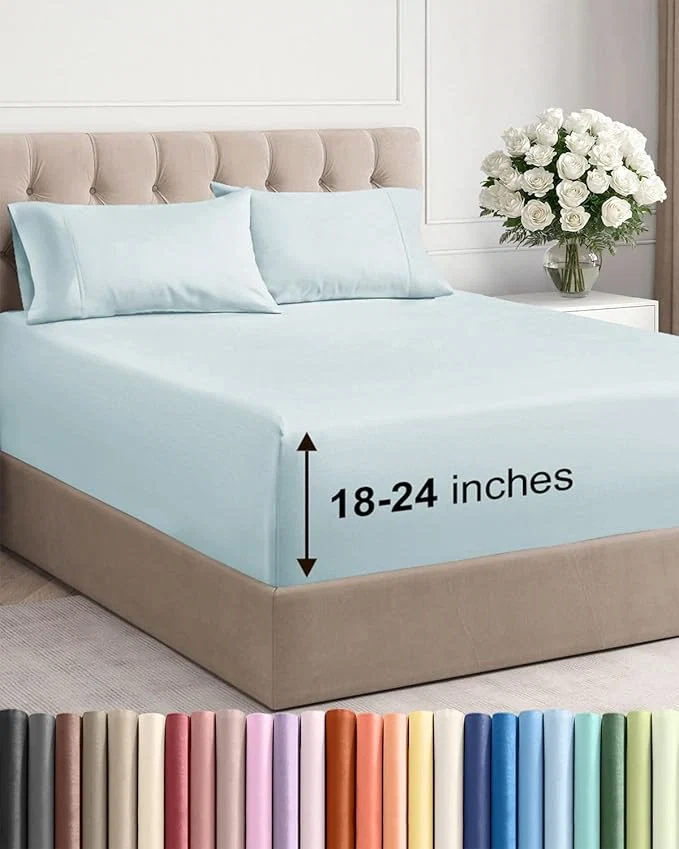 Specialty Extra Deep Twin XL Sheet Set – 4 Piece Breathable and Cooling Sheets – Hotel Luxury Bedding for Women Men Kids amp Teens – Easy Secure Fit – Soft Wrinkle amp Comfy – Extra Deep Pockets – Ice Blue Proven